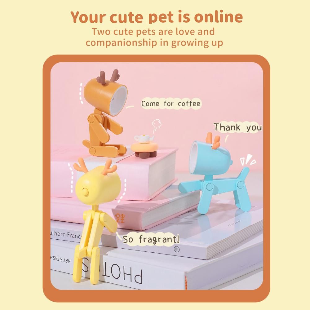 Cartoon Night Light Kid Lamp Mini Deer LED Desk Lamps Cute DIY Portable with Adjustable Phone Holder for Kids Students Bedroom Bookends Nursery Room