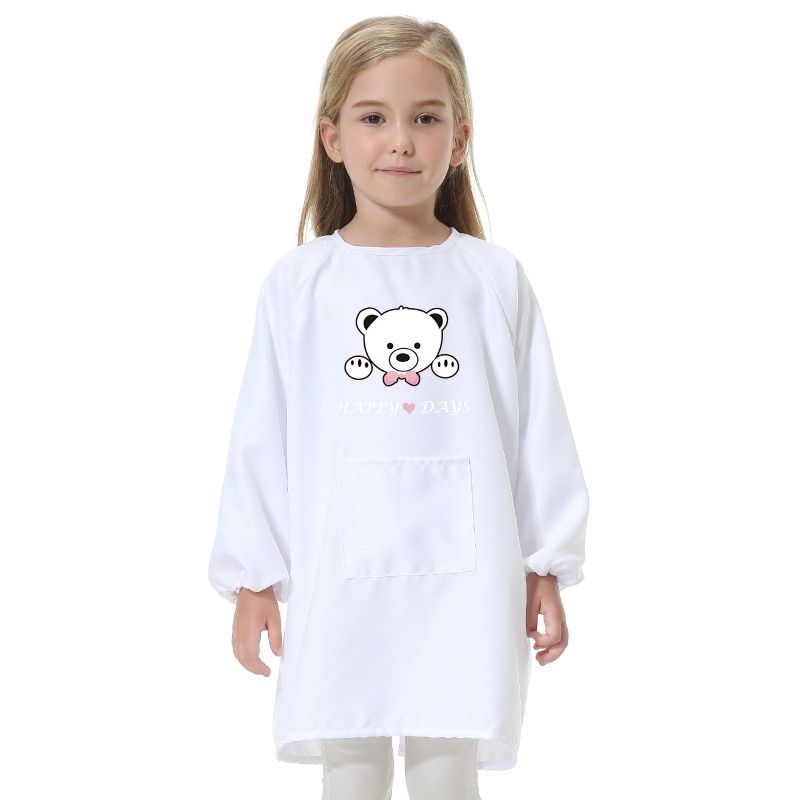 Children's Eating Smock Polyester Long-sleeved Anti-Wearing Clothing Kindergarten Art Class Painting Gown Apron Custom Logo White 1-3 Years