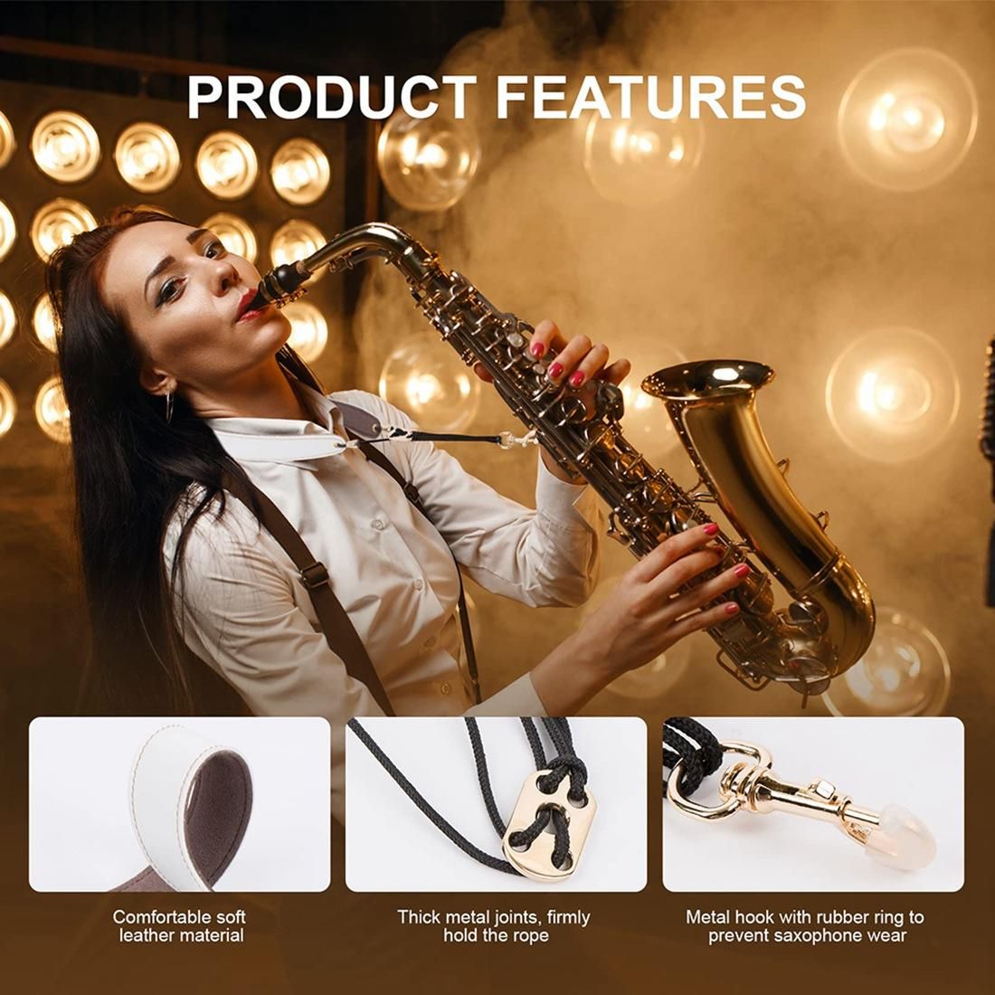 Saxophone Neck Strap, Alto Sax Neck Strap, Clarinet Neck Strap White Leather Neck Band, White+Brown
