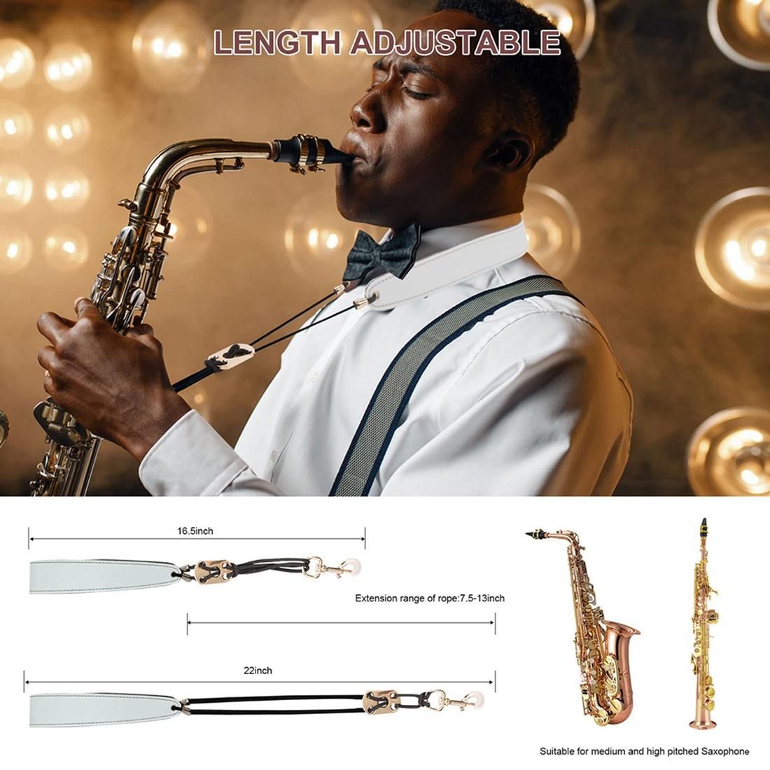 Saxophone Neck Strap, Alto Sax Neck Strap, Clarinet Neck Strap White Leather Neck Band, White+Brown