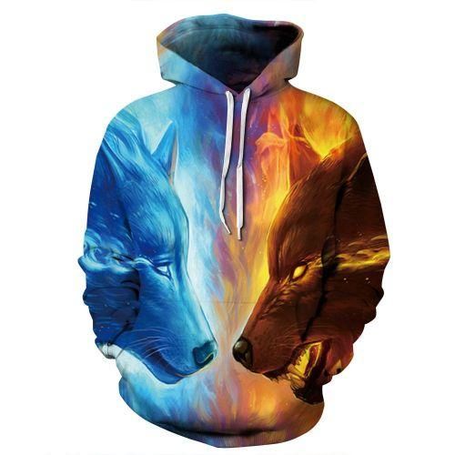 Men/Women New Fashion Ice Fire Wolf Hoodies 3D Print