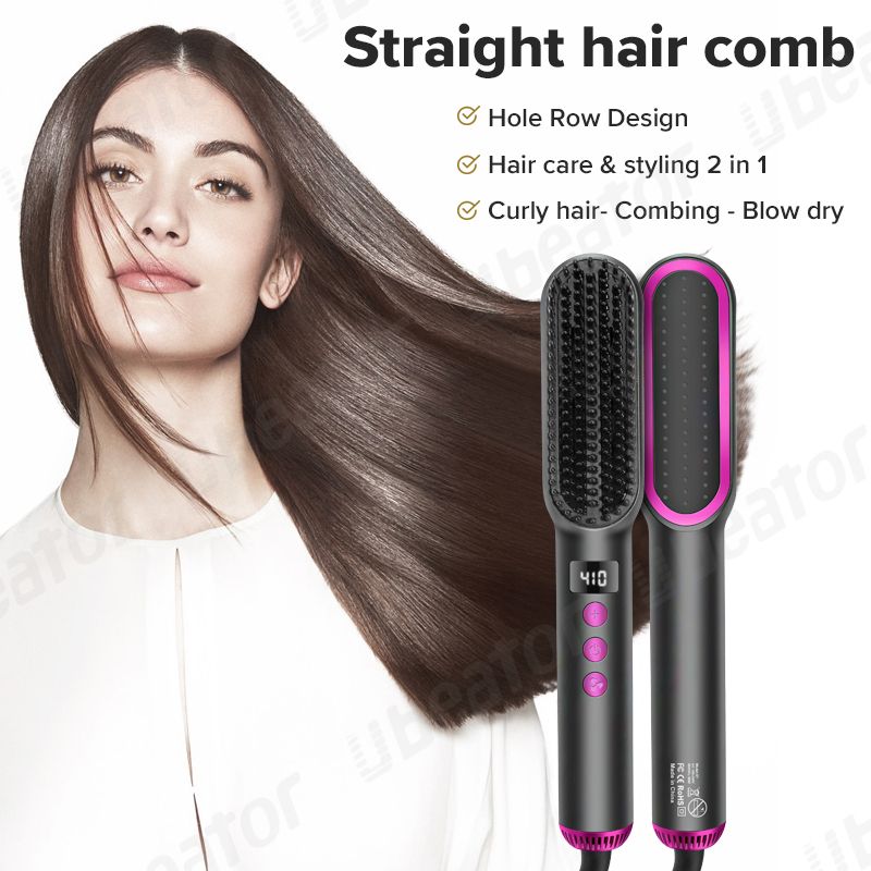 Unisex Portable 4 Level LED Temp Display 2-IN-1 Ceramic Hot Hair Care Styling Comb Blow Dry