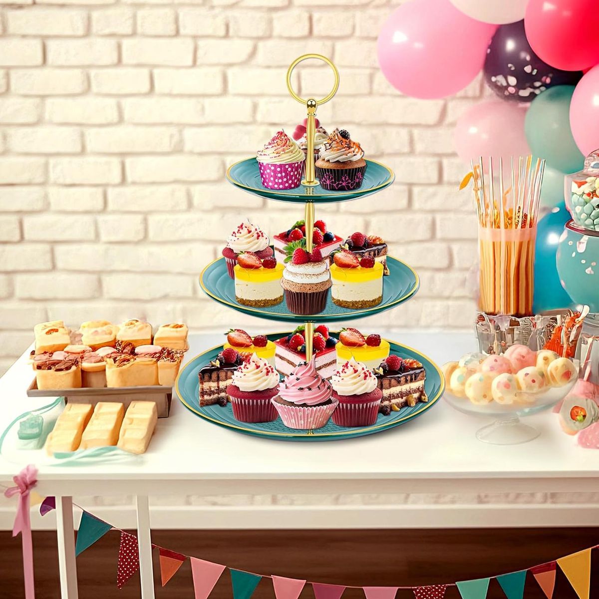 Baby Shower Dessert Table Decor Golden Edged Cupcake Stand for Baby Atrovirens