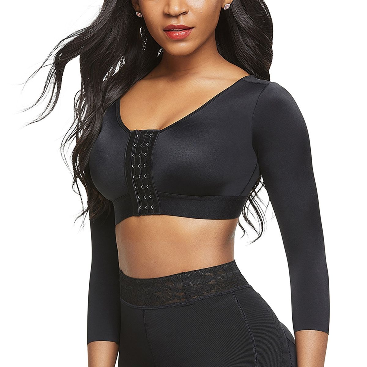 Ladies Daily 7-point Sleeve Underwear Solid Color 7-point Sleeve Front Entry Wireless  Sports Bra Black/Nude