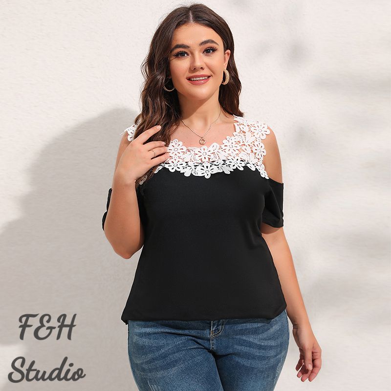 3568 L-4XL Plus Size Short Sleeve Off Shoulder Tops Black