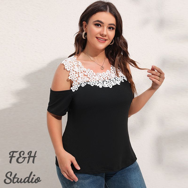 3568 L-4XL Plus Size Short Sleeve Off Shoulder Tops Black