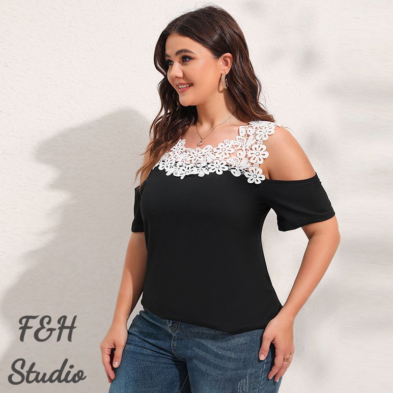 3568 L-4XL Plus Size Short Sleeve Off Shoulder Tops Black