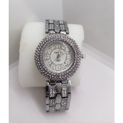 Round Faced Rhinestone Ladies Wrist Watch - Silver