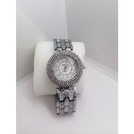 Round Faced Rhinestone Ladies Wrist Watch - Silver