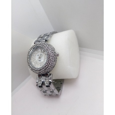 Round Faced Rhinestone Ladies Wrist Watch - Silver
