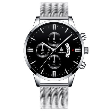 Men's Waterproof Quartz Bracelet Wristwatch -Black Face On Silver Strap