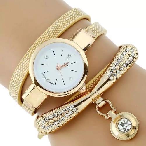 Elegant Fashion Women Leather Rhinestone Wrist Watch-gold