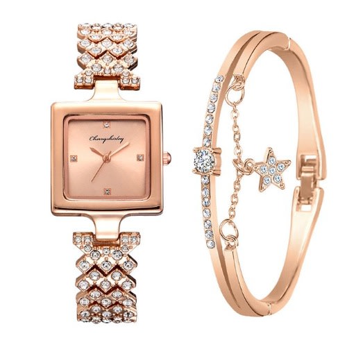 Ladies Rhinestone Wristwatch With Bracelet - Rose Gold