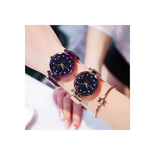 2 In 1 Starry Sky Magnetic Rhinestone Wristwatch - Gold & Purple