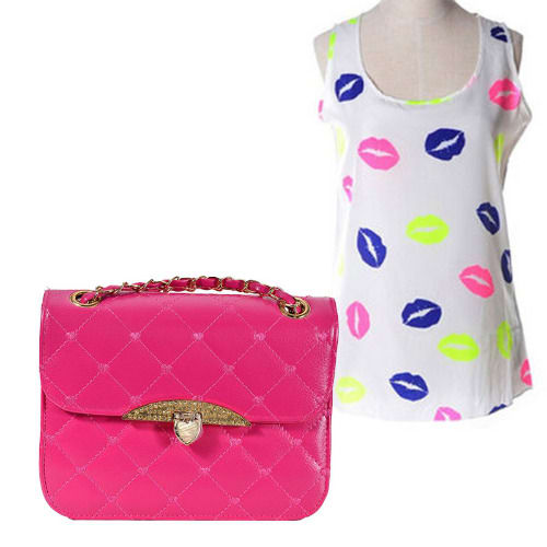Sleeveless Lips Print Chiffon Camisole Top + Quilted Bag - Rose Red