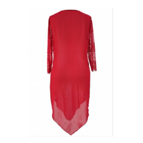 Lace Overlay Asymmetric Chiffon Blouse - Red