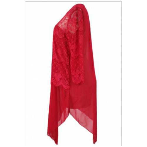 Lace Overlay Asymmetric Chiffon Blouse - Red