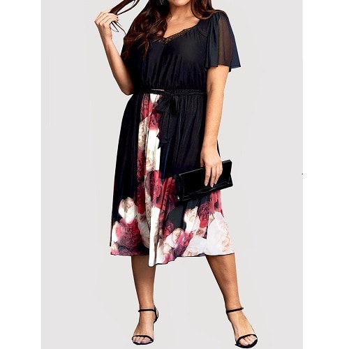 Black Rose Border Angel Sleeve Midi Dress