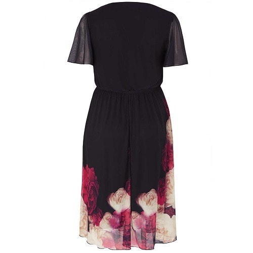 Black Rose Border Angel Sleeve Midi Dress