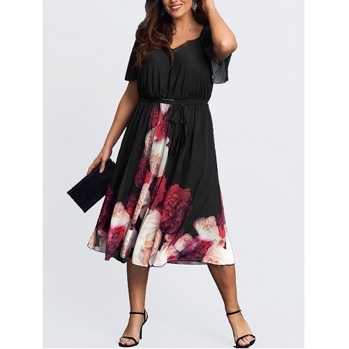 Black Rose Border Angel Sleeve Midi Dress