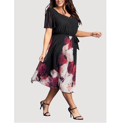 Black Rose Border Angel Sleeve Midi Dress