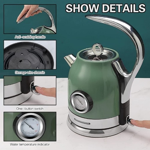 1.8L Retro Electric Stainless Steel Kettle With Temperature Control