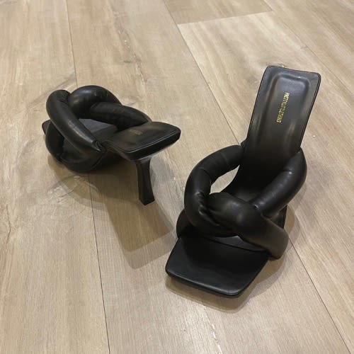 Black Square Toe Quilted Knot High Heeled Mules