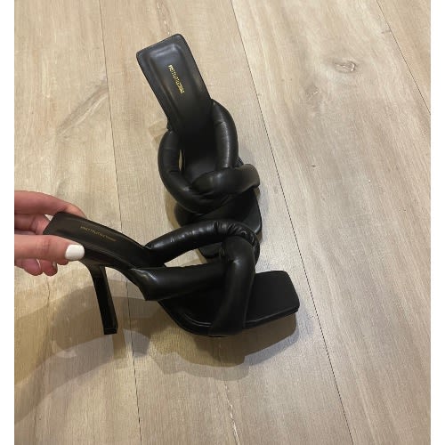 Black Square Toe Quilted Knot High Heeled Mules