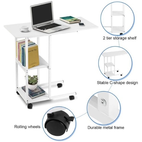 Over Bed Table Sofa Couch Rolling Wheel Laptop Computer Desk - White