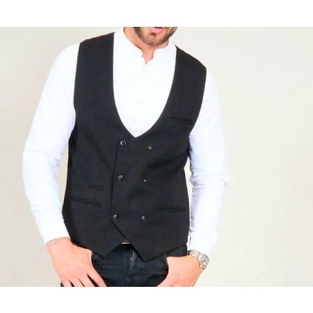 Men's Double Breasted Waistcoat  - Black