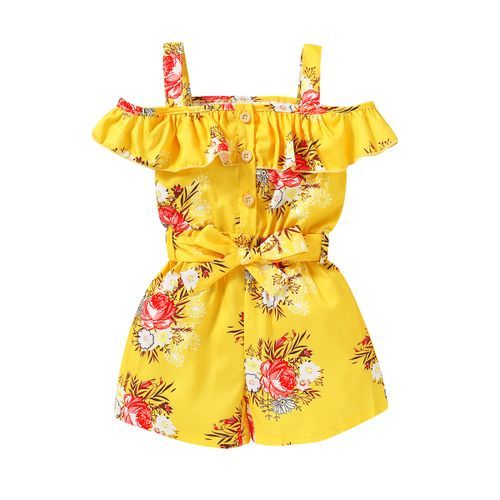 Toddler Baby Girls One Shoulder Design Jumpsuit -Yellow