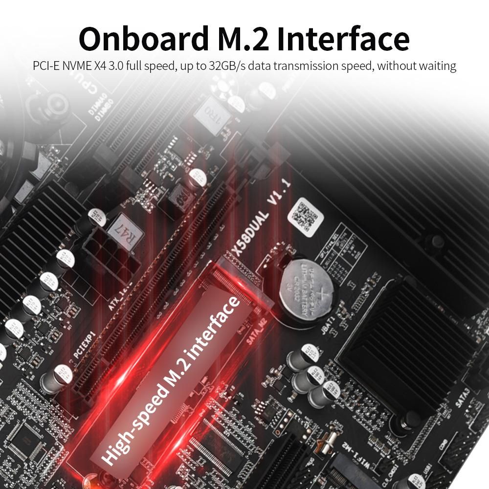 X58DUAL V1.1 E-ATX Gaming Motherboard with 4 DDR3 Memory Slots 2 CPU Slots Onboard M.2 Interface Support L5520 Processor