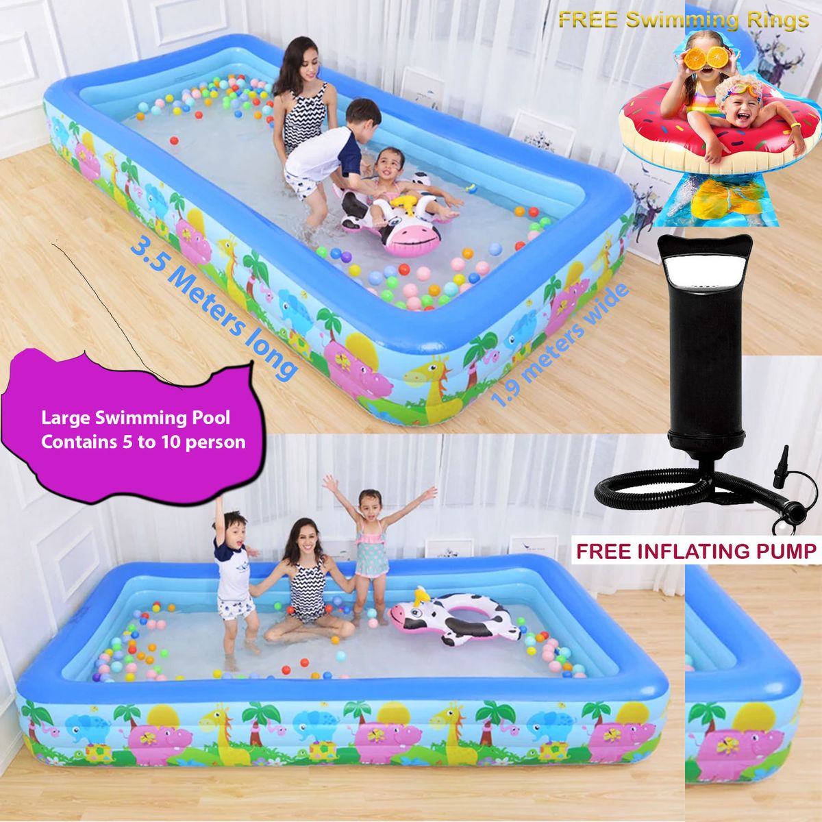Inflatable Swimming Pool For 5 To 10 Person + Free Pump And Rings