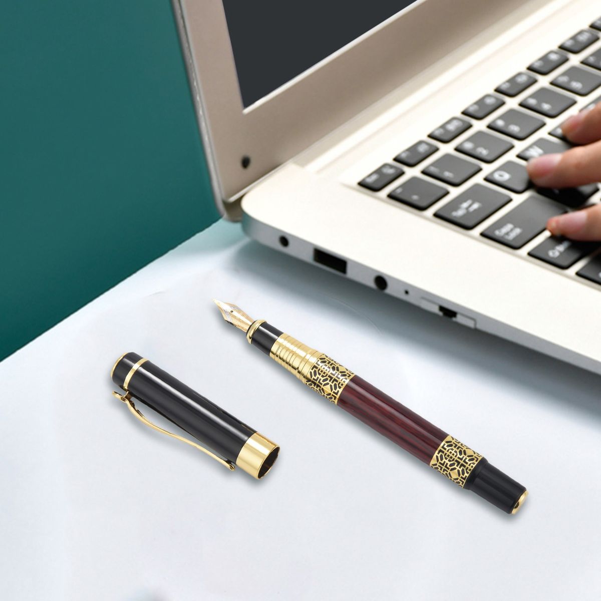 Chinese Classical Fountain Pen Golden Metal Wood Signature