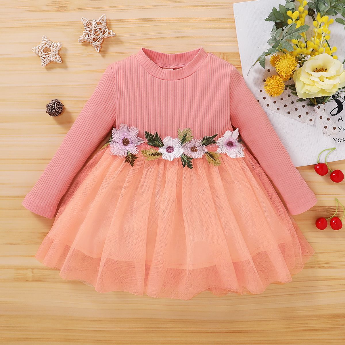 Baby Girls Princess Pink Dress Embroideried Design Long Sleeve Tulle Dresses Partywear