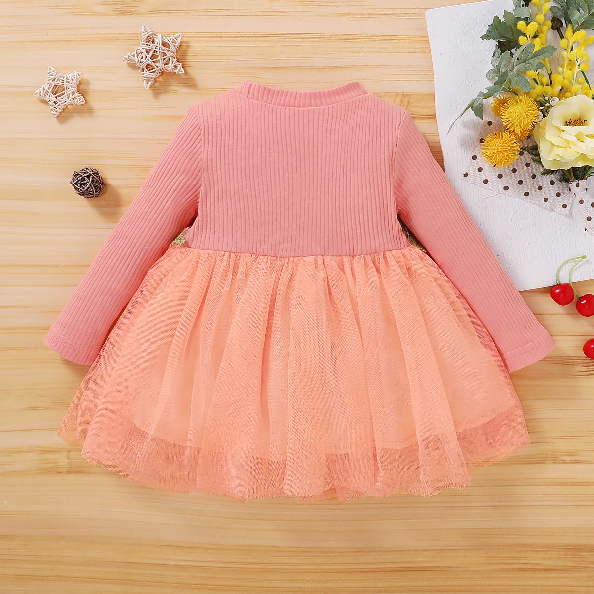 Baby Girls Princess Pink Dress Embroideried Design Long Sleeve Tulle Dresses Partywear
