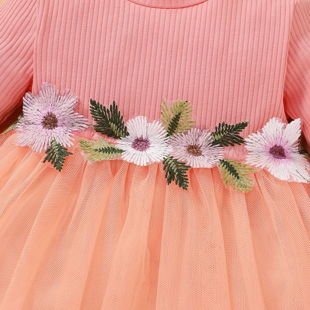 Baby Girls Princess Pink Dress Embroideried Design Long Sleeve Tulle Dresses Partywear