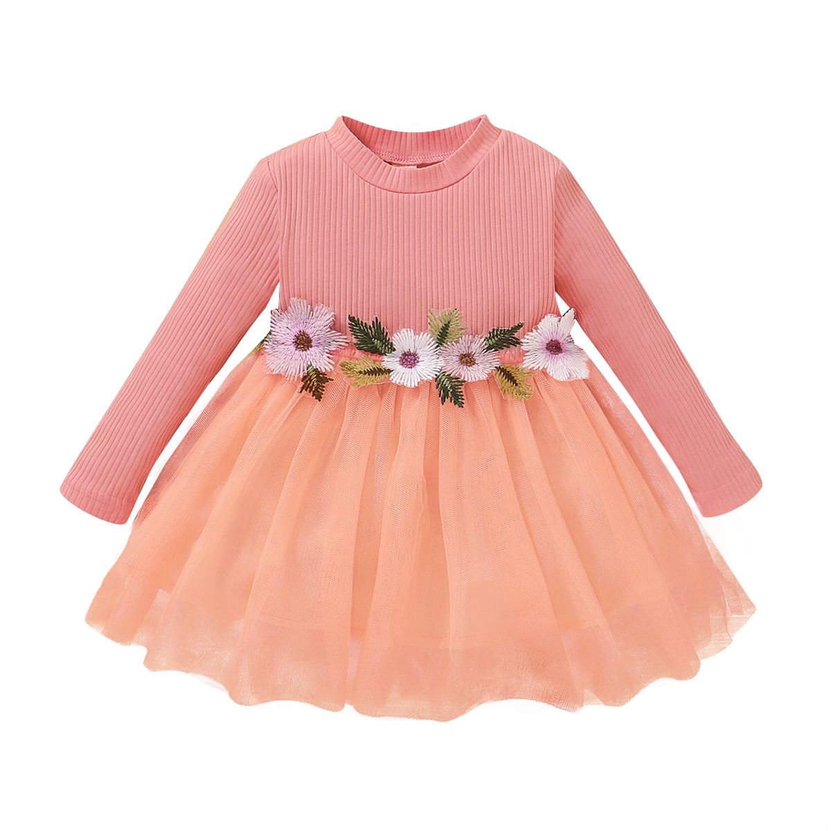 Baby Girls Princess Pink Dress Embroideried Design Long Sleeve Tulle Dresses Partywear