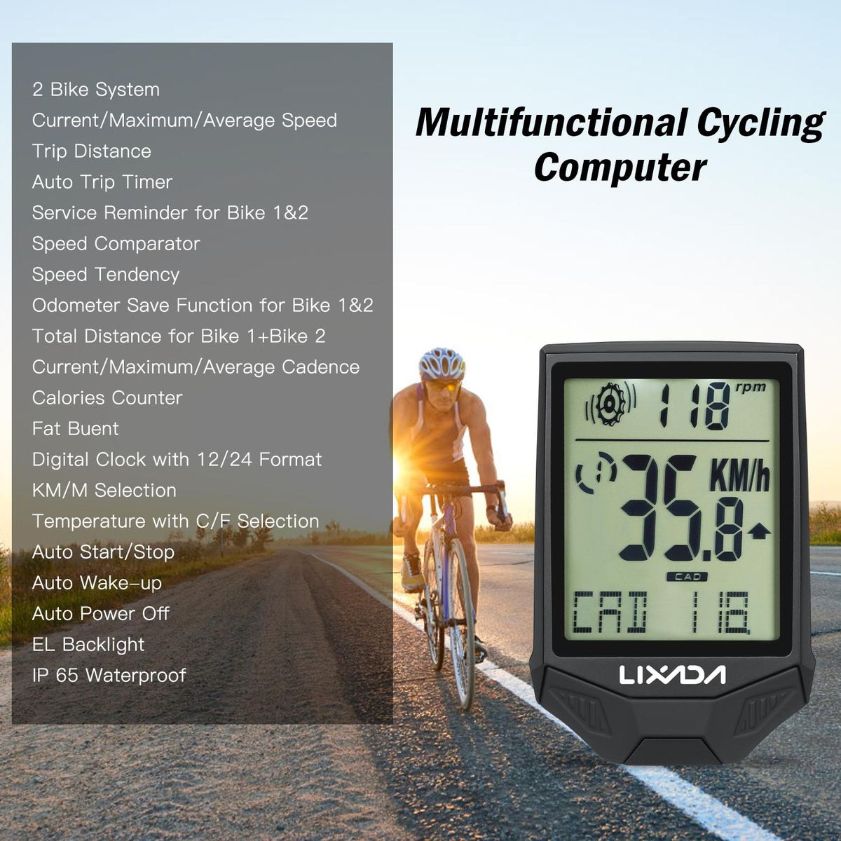 Cycling Wireless Computer Bike Computer Cadence Multifunctional Rainproof Cycling Computer with Backlight LCD