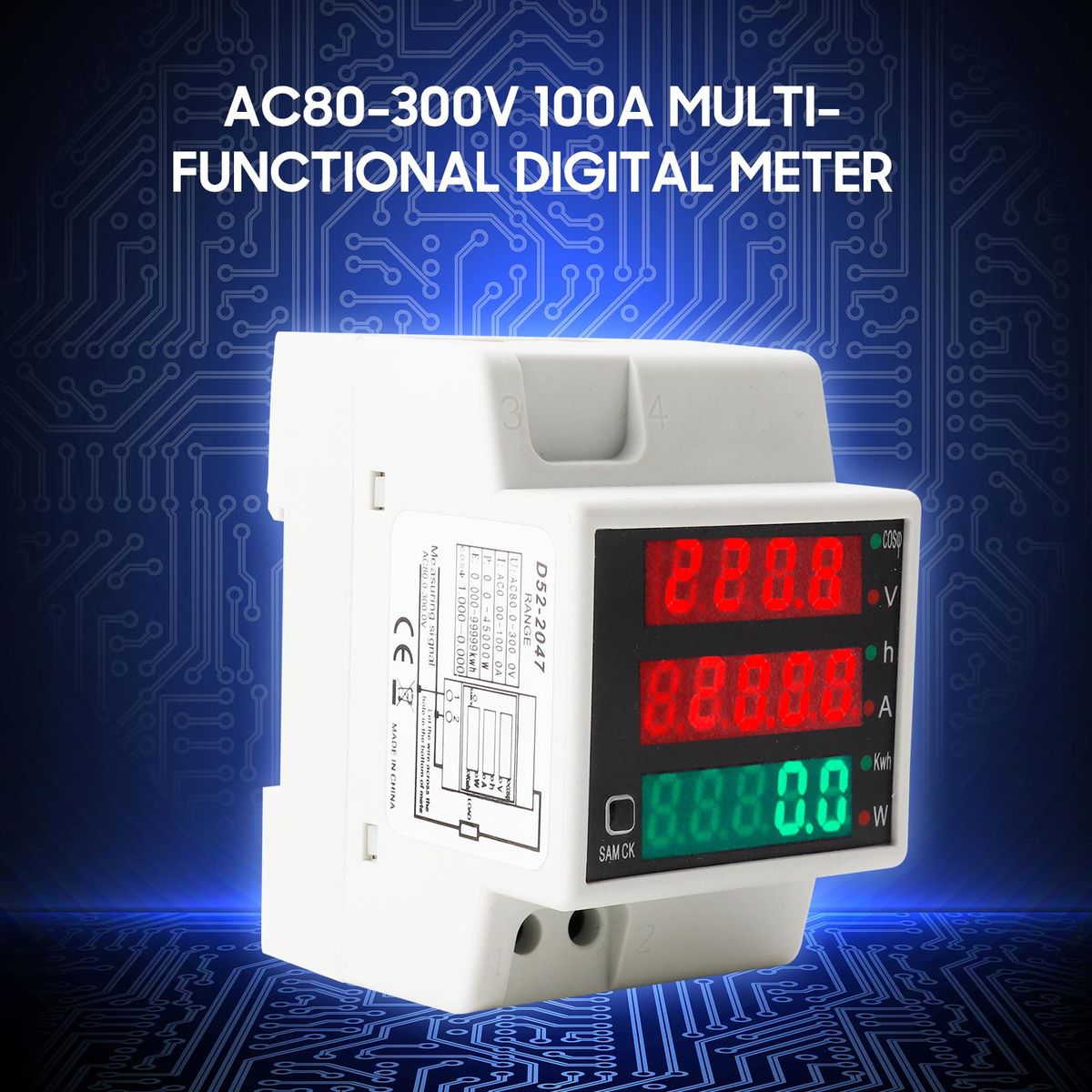 AC80-300V 100A Digital Energy Meter DIN Rail Multimeter Electric Power Meter kWh Meter Multifunction AC Voltage Current Power Factor Tester Ammeter Voltmeter