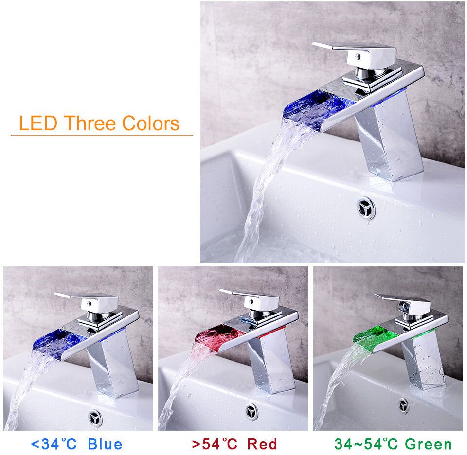 Modern Waterfall Bathroom Sink Faucet Tap Temperature Sensor With 3 LED Lights Basin Mixer Tap