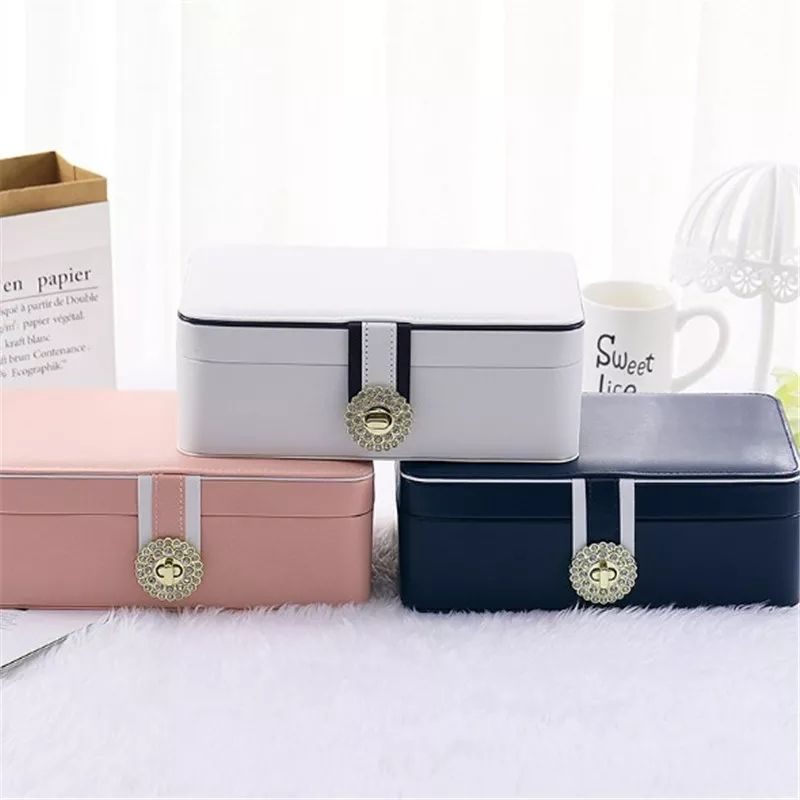 New Large Two Layer Jewelry Organizer With 56 Stud Jack Smoth Leather Jewelry Storage Case Display Holder With Lock