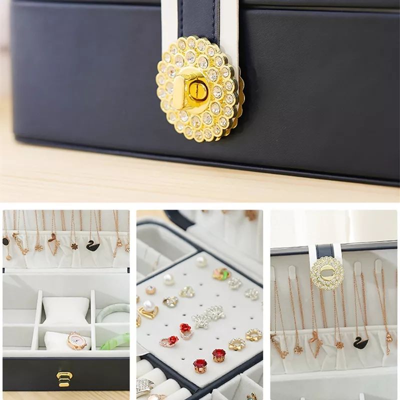 New Large Two Layer Jewelry Organizer With 56 Stud Jack Smoth Leather Jewelry Storage Case Display Holder With Lock