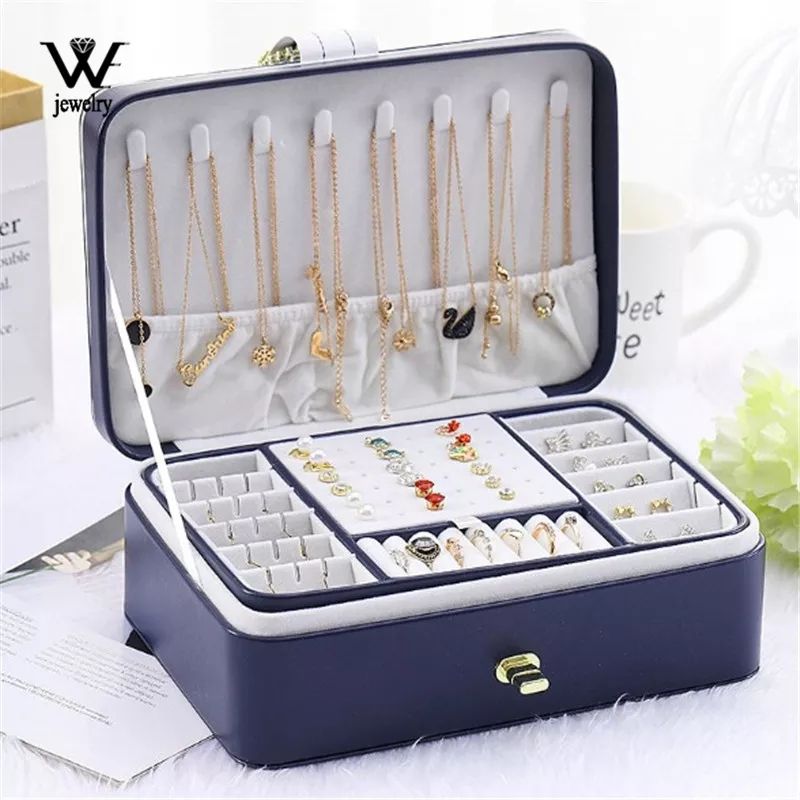 New Large Two Layer Jewelry Organizer With 56 Stud Jack Smoth Leather Jewelry Storage Case Display Holder With Lock