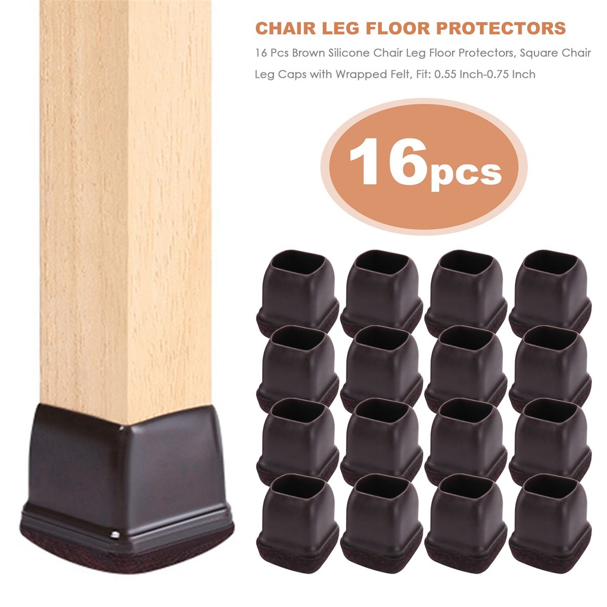 16 Pcs Brown Silicone Chair Leg Floor Protectors, Square