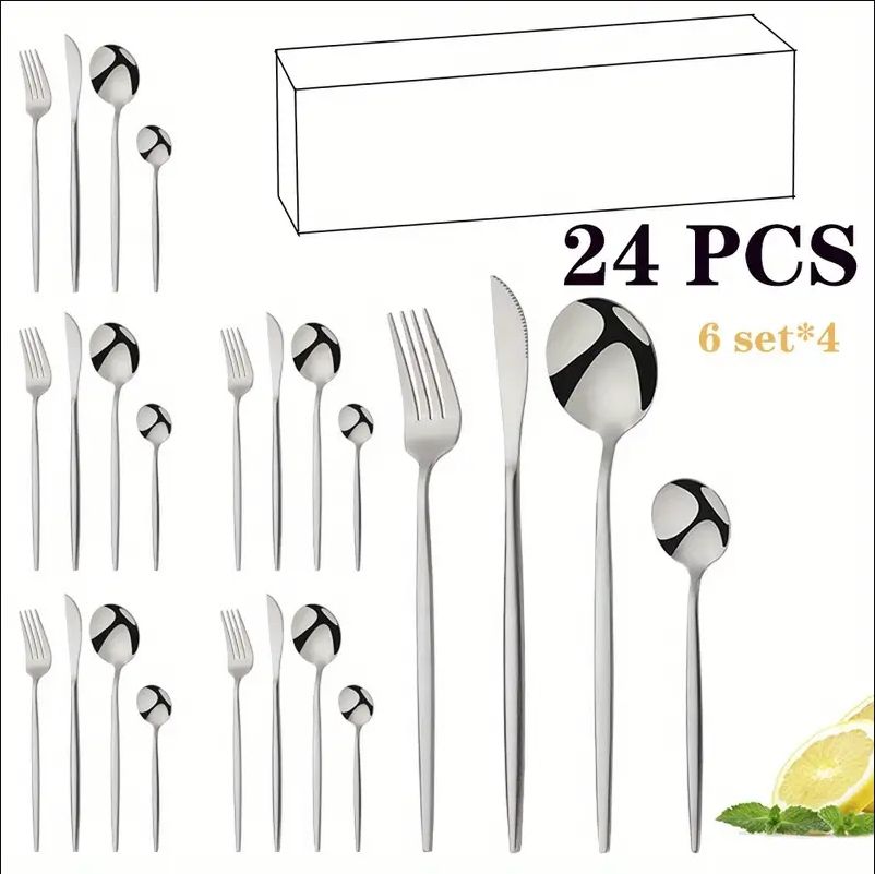 24PCS Stainless Steel Silver Tableware Knives Forks