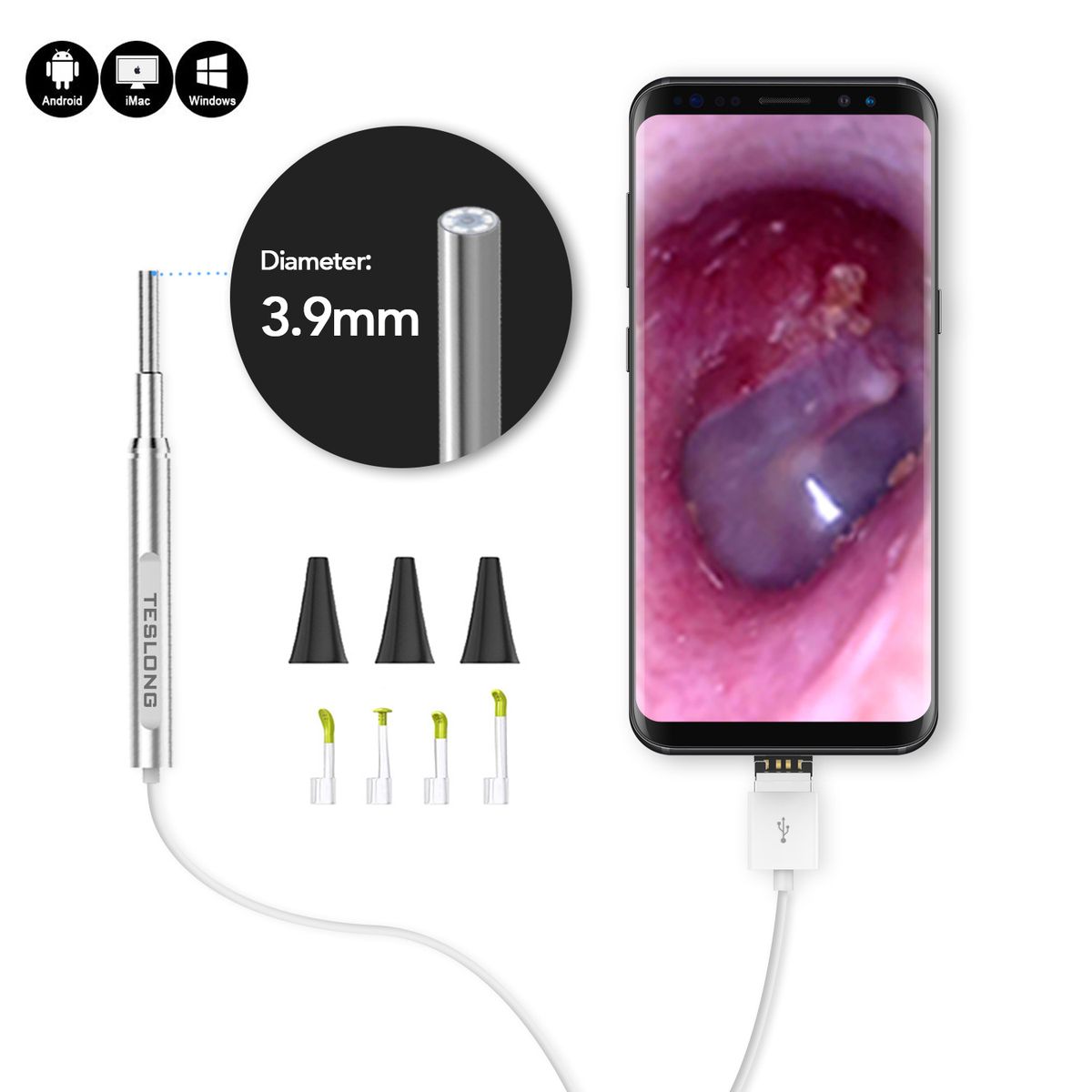 Ultra Thin Otoscope, 3.9mm HD Visual Ear Cleaner Ear Scope Camera With 6 LED Lights, For Android, Winows, Mac & Linux