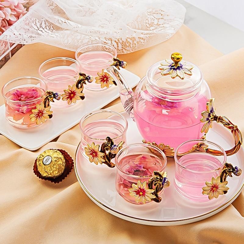 Beautiful Enamel Crystal Tea Set Daisy Glass Teapot For Hot And Cold Drinks Home Drinkware Office Kettle Teaware Set Coffee Pot