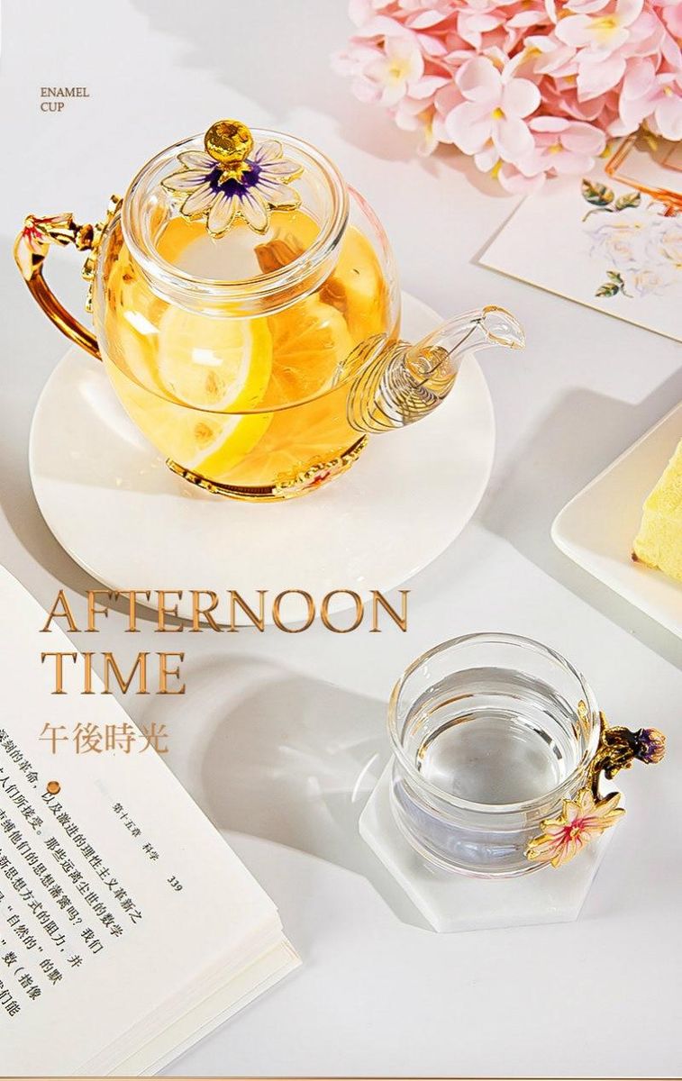 Beautiful Enamel Crystal Tea Set Daisy Glass Teapot For Hot And Cold Drinks Home Drinkware Office Kettle Teaware Set Coffee Pot