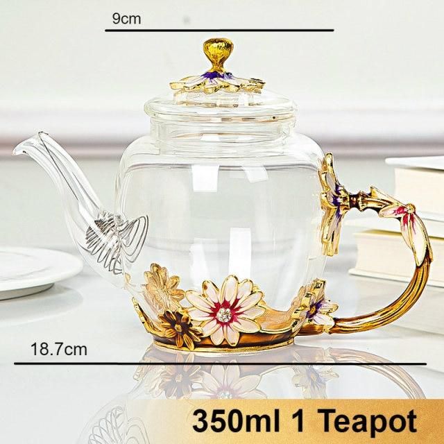 Beautiful Enamel Crystal Tea Set Daisy Glass Teapot For Hot And Cold Drinks Home Drinkware Office Kettle Teaware Set Coffee Pot